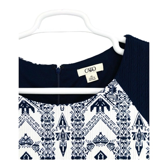 Cato Sheath Dress Geometric Pattern Lined White Navy 14 Short Sleeve - Picture 2 of 9